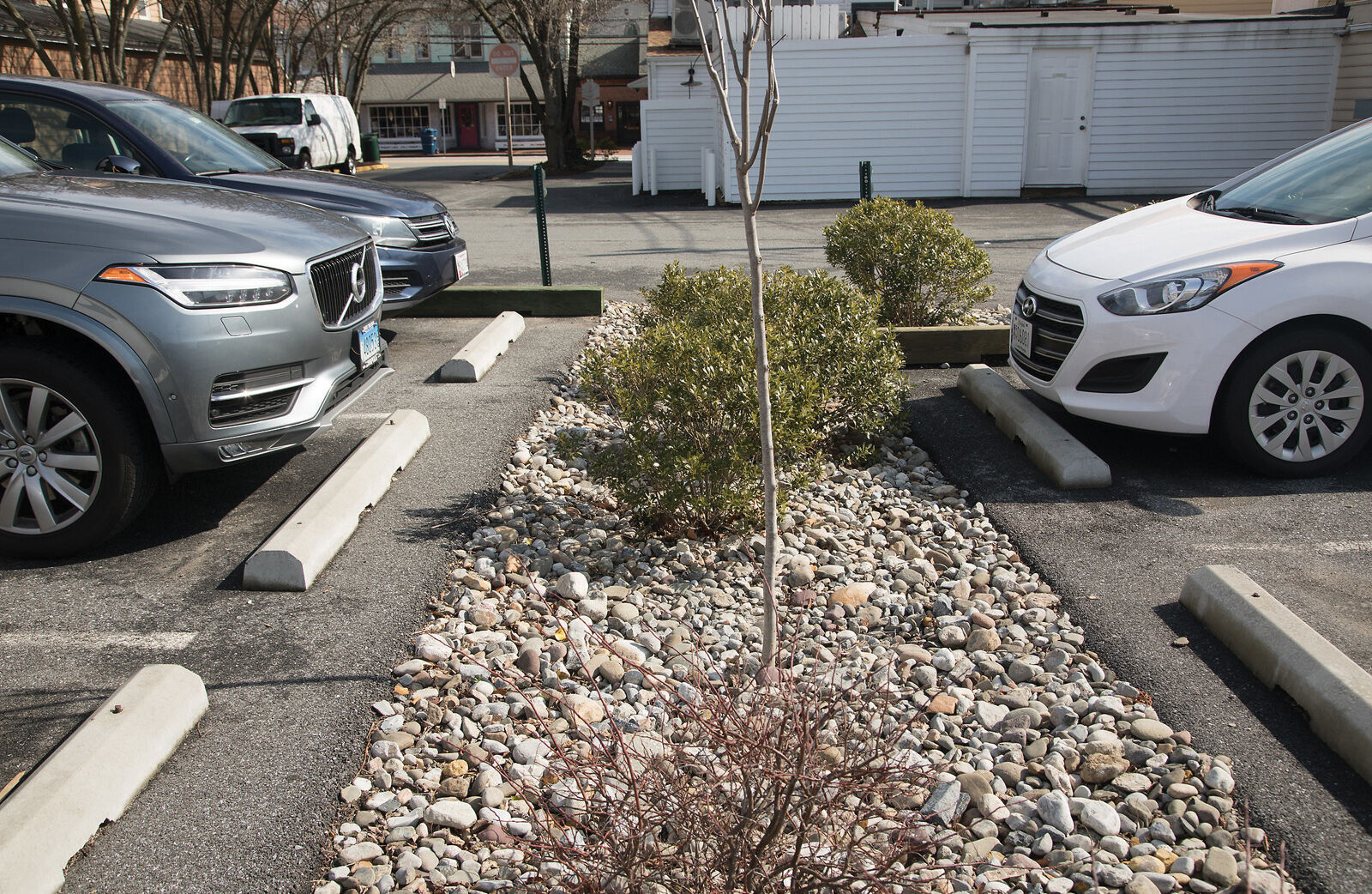 Stormwater retention area in parking lot